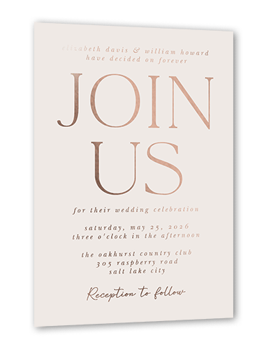 Brightly Joined Wedding Invitation, Beige, Rose Gold Foil, 5x7, Matte, Personalized Foil Cardstock, Square, Cream