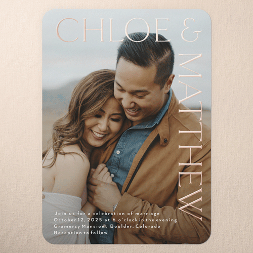 Gleaming Headline Wedding Invitation, Rose Gold Foil, White, 5x7, Matte, Personalized Foil Cardstock, Rounded, White