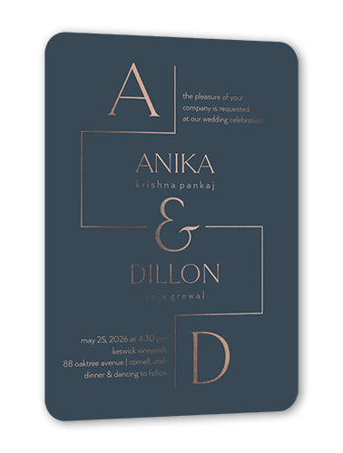 Modern Line Wedding Invitation, Rose Gold Foil, Gray, 5x7, Matte, Personalized Foil Cardstock, Rounded, White