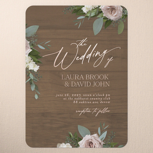 Classic Bouquet Wedding Invitation, Brown, Rose Gold Foil, 5x7, Matte, Personalized Foil Cardstock, Rounded