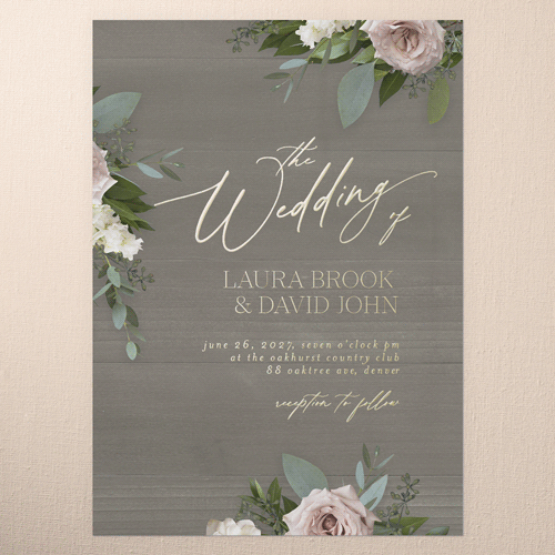 Classic Bouquet Wedding Invitation, Gray, Gold Foil, 5x7, Matte, Personalized Foil Cardstock, Square