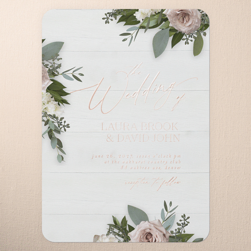 Classic Bouquet Wedding Invitation, White, Rose Gold Foil, 5x7, Matte, Personalized Foil Cardstock, Rounded