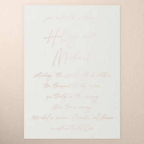 All Script Wedding Invitation, White, Rose Gold Foil, 5x7, Matte, Personalized Foil Cardstock, Square, Almond
