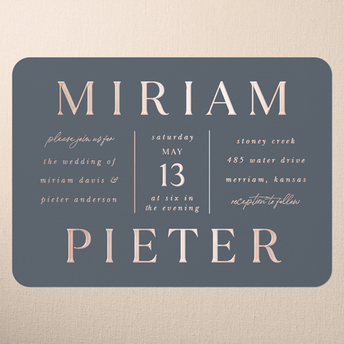 Simple Charm Wedding Invitation, Grey, Rose Gold Foil, 5x7, Matte, Personalized Foil Cardstock, Rounded, Charcoal