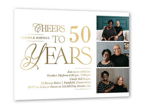 Cherished Cheers Wedding Anniversary Invitation, White, Gold Foil, 5x7, Matte, Personalized Foil Cardstock, Square