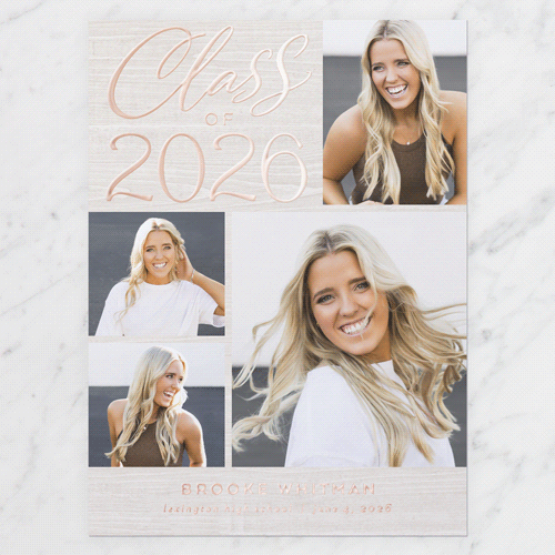 Luminous Layout Graduation Announcement, Grey, Rose Gold Foil, 6x8, Matte, Personalized Foil Cardstock, Square, Whisper Gray