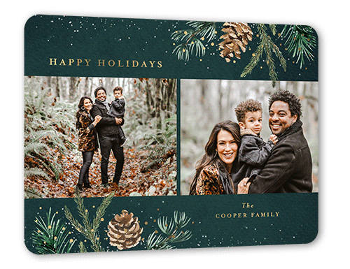 Speckled Pinecone Holiday Card, Green, Gold Foil, 6x8, Holiday, Matte, Personalized Foil Cardstock, Rounded