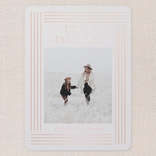 Glowing Deco Border Holiday Card, Pink, Rose Gold Foil, 6x8, Christmas, Matte, Personalized Foil Cardstock, Rounded, Blush