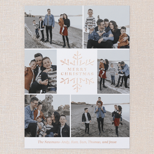 Snowy Shimmer Holiday Card, White, Rose Gold Foil, 6x8, Christmas, Matte, Personalized Foil Cardstock, Square, White