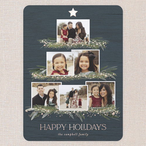 Together Tree Holiday Card, Blue, Rose Gold Foil, 6x8, Holiday, Matte, Personalized Foil Cardstock, Rounded, Blue