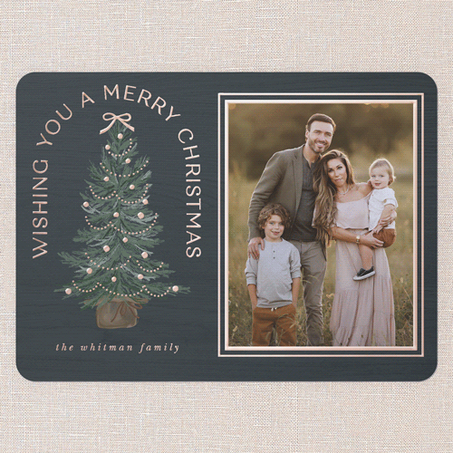 Small Sapling Holiday Card, Blue, Rose Gold Foil, 6x8, Christmas, Matte, Personalized Foil Cardstock, Rounded, Blue