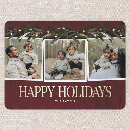 Beaming Laurel Holiday Card, Red, Gold Foil, 6x8, Holiday, Matte, Personalized Foil Cardstock, Rounded, Red