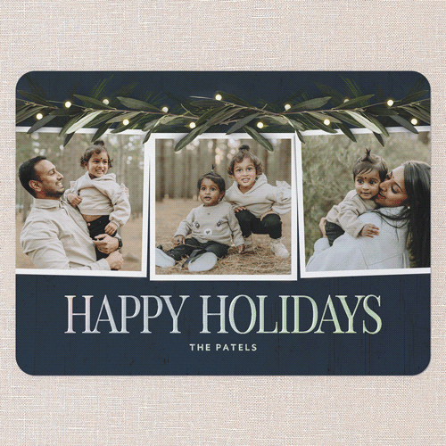 Beaming Laurel Holiday Card, Blue, Iridescent Foil, 6x8, Holiday, Matte, Personalized Foil Cardstock, Rounded, Blue