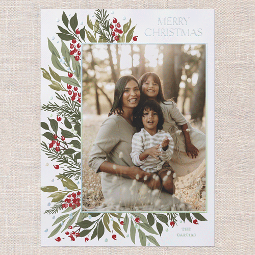 Traditional Berries Holiday Card, White, Iridescent Foil, 6x8, Christmas, Matte, Personalized Foil Cardstock, Square, White