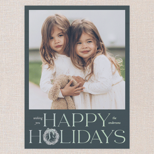 Wreath Wanderlust Holiday Card, Blue, Iridescent Foil, 6x8, Holiday, Matte, Personalized Foil Cardstock, Square, Blue