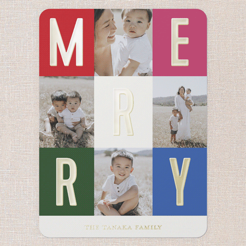 Modern Colorblock Merriment Christmas Card, Gold Foil, Blue, 6x8, Christmas, Matte, Personalized Foil Cardstock, Rounded, Blue