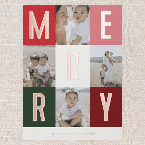 Modern Colorblock Merriment Christmas Card, Rose Gold Foil, Red, 6x8, Christmas, Matte, Personalized Foil Cardstock, Square, Red