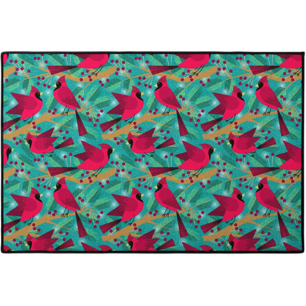 Winter Solstice Cardinals - Green Door Mat, Green