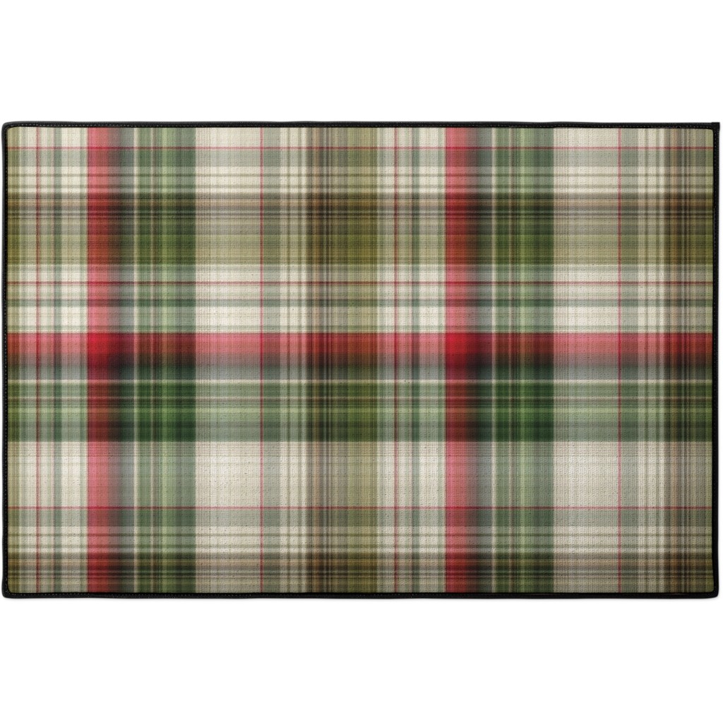 Christmas Plaid - Green, White and Red Door Mat, Green