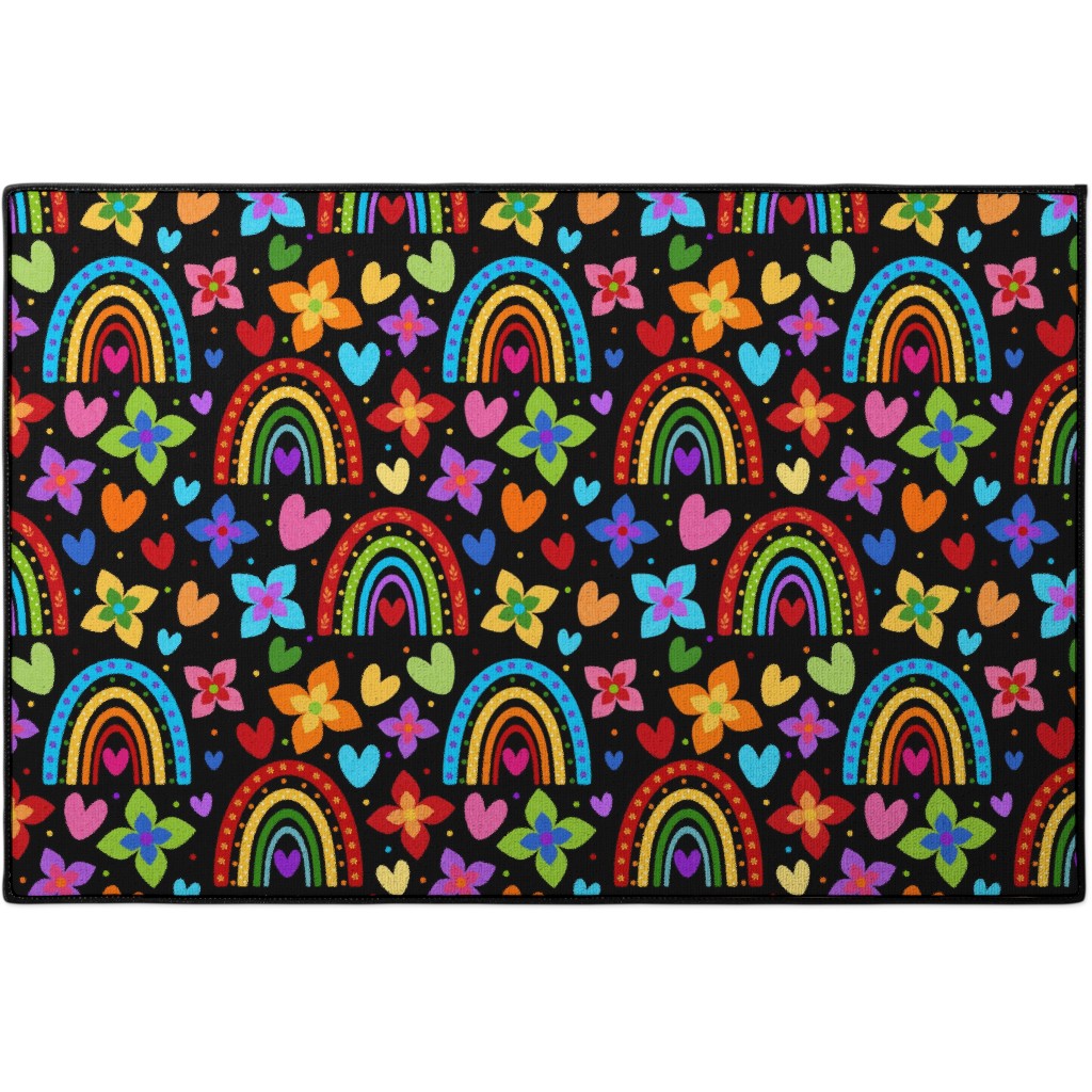 large scale colorful rainbows flowers hearts on black door mat