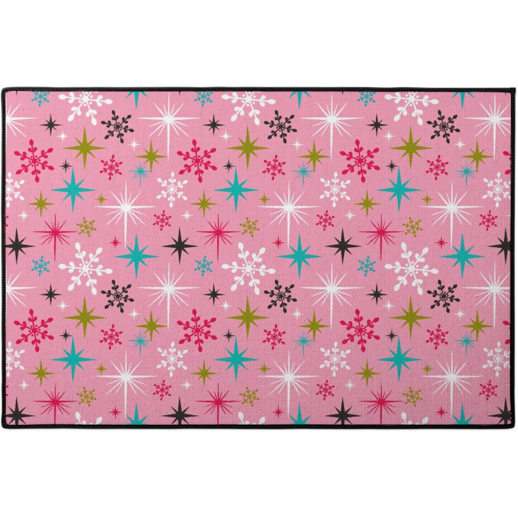 Stardust Retro Christmas Snowflakes and Stars - Pink Door Mat, Pink