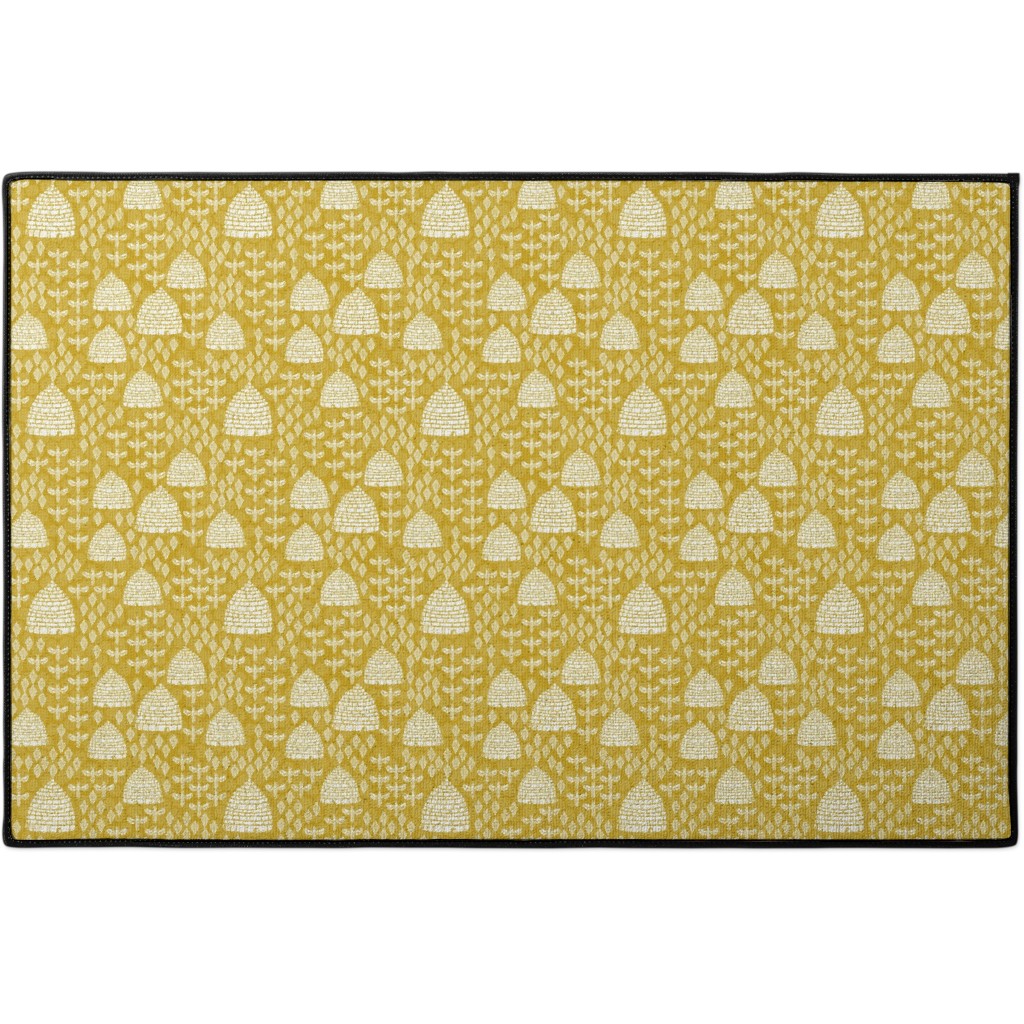 Bee Hives, Spring Florals Linocut Block Printed - Golden Yellow Door Mat, Yellow