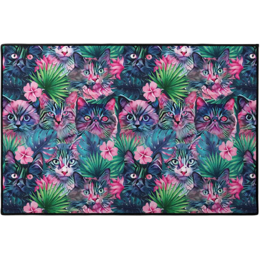 Cats and Summer Floral - Multi Door Mat, Multicolor