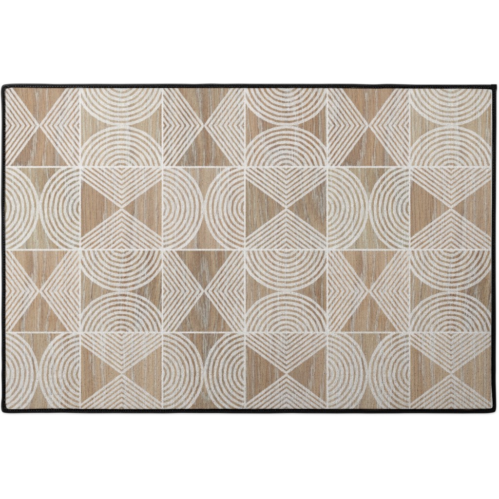 Boho Tribal Woodcut Geometric Shapes Door Mat, Beige