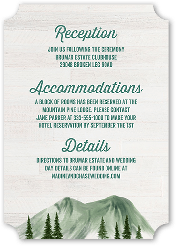 Mountain Nuptials Wedding Enclosure Card, Green, Pearl Shimmer Cardstock, Ticket