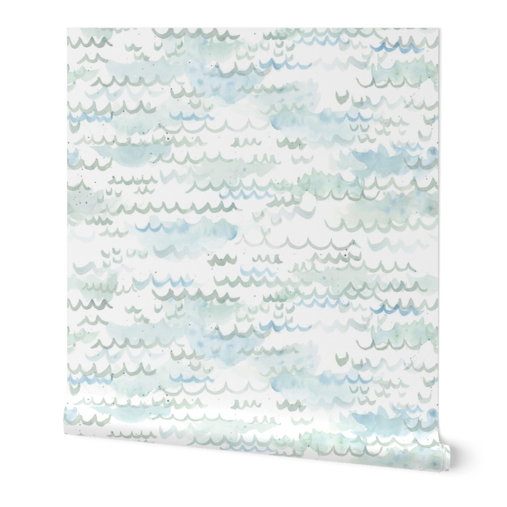 Watercolor Waves - Neutral Wallpaper, 2'x12', Prepasted Removable Smooth, Blue
