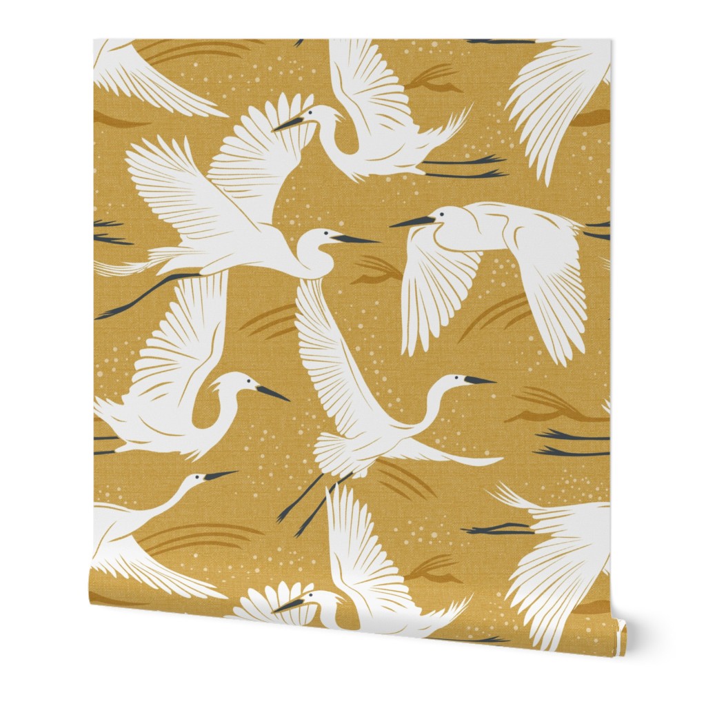 Soaring Wings Cranes Wallpaper, 2'x9', Prepasted Removable Smooth, Yellow
