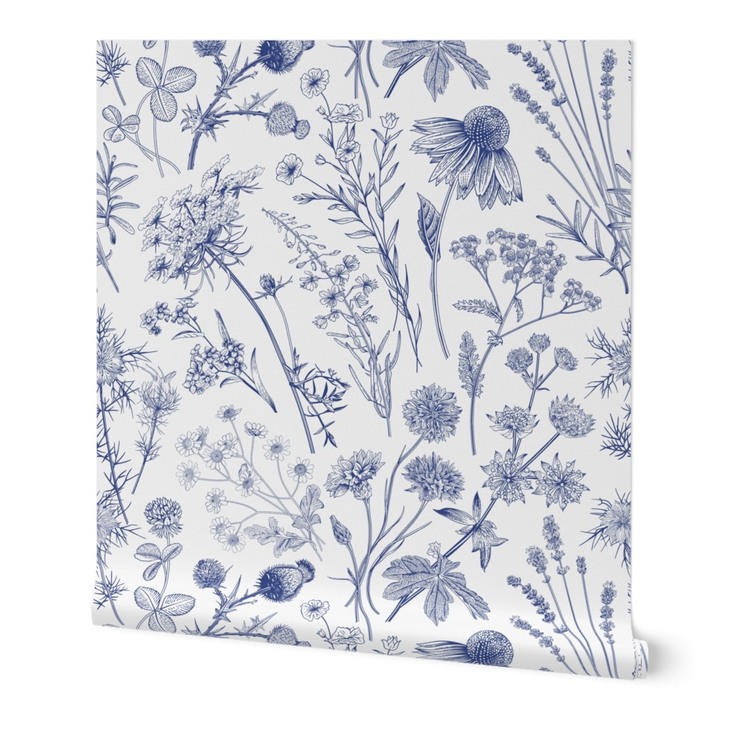 Wild Flowers - Blue Wallpaper, 2'x12', Prepasted Removable Smooth, Blue