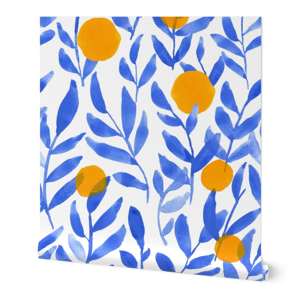 Modern Lemons Block - Blue and Orange Wallpaper, 2'x12', Prepasted Removable Smooth, Blue