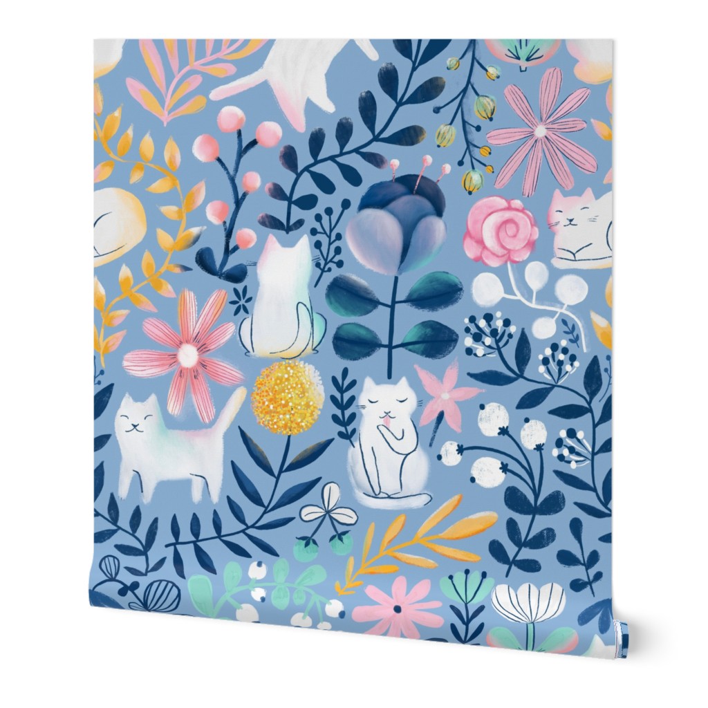 Summer Kitties and Flowers - Multi on Blue Wallpaper, 2'x9', Prepasted Removable Smooth, Blue