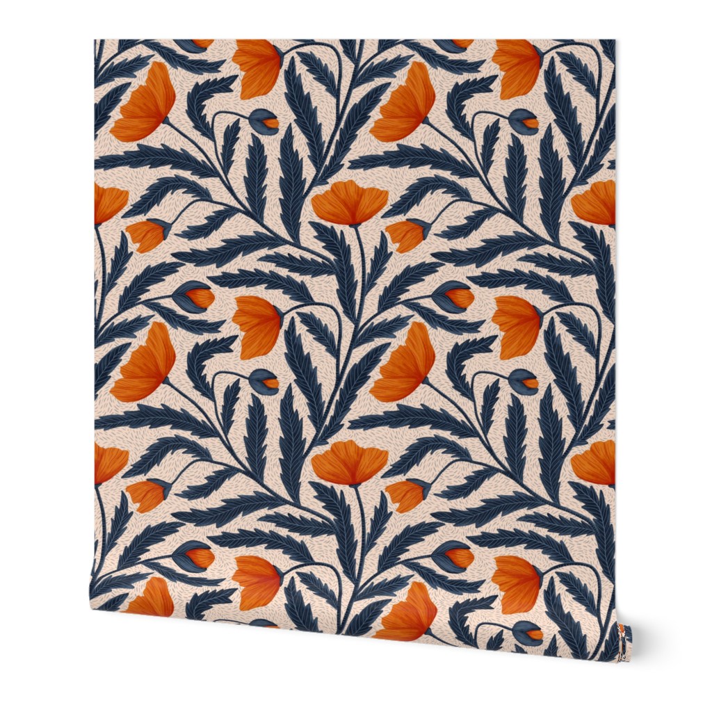 Poppy Flower - Blue & Orange Wallpaper, 2'x9', Prepasted Removable Smooth, Orange