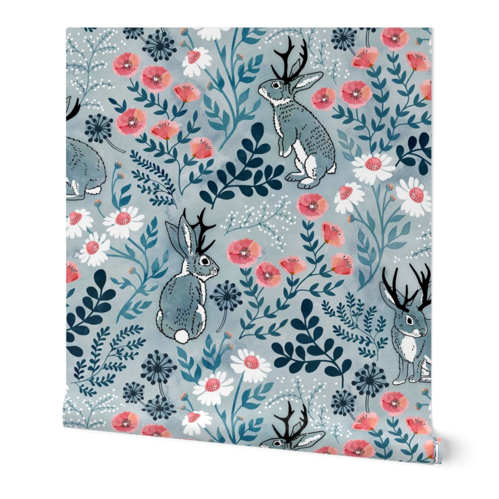 Jackalope Meadow - Blue Wallpaper, 2'x9', Prepasted Removable Smooth, Blue