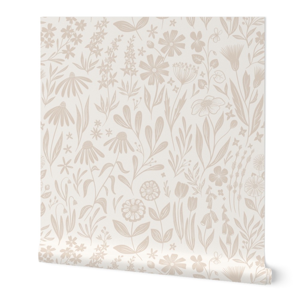 Wildflowers - Tan and Cream Wallpaper, Test Swatch (2' x 1'), Prepasted Removable Smooth, Beige