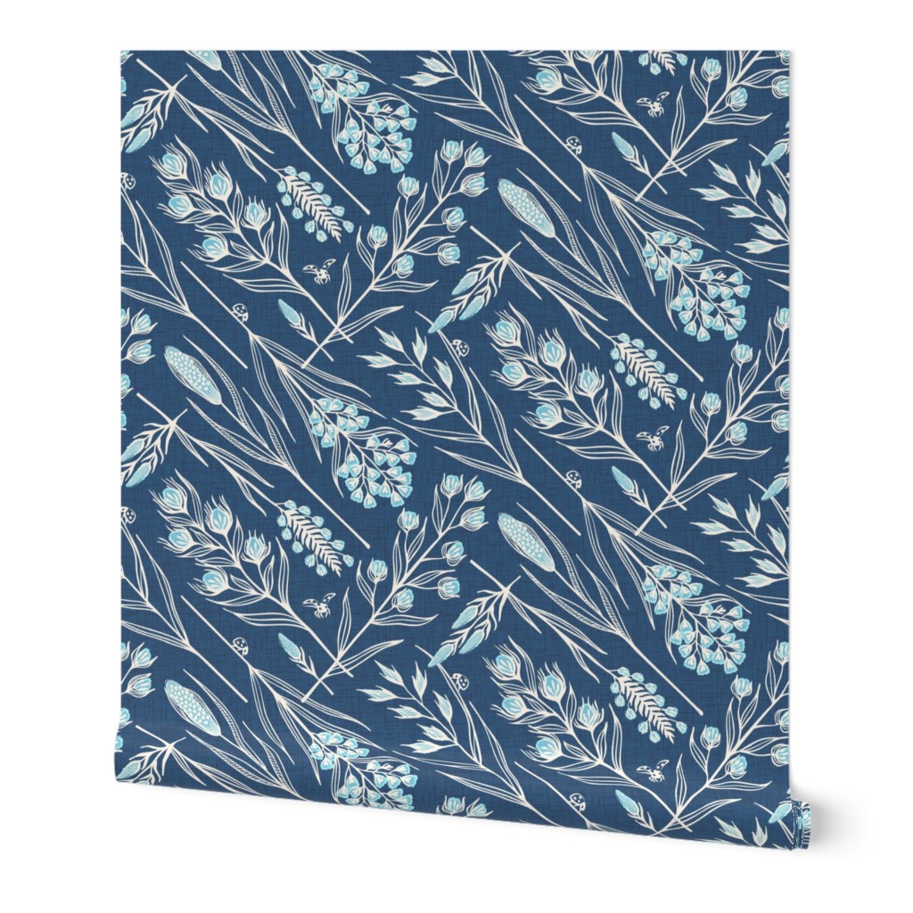 Grasses By the Sea - Navy Wallpaper, 2'x3', Prepasted Removable Smooth, Blue