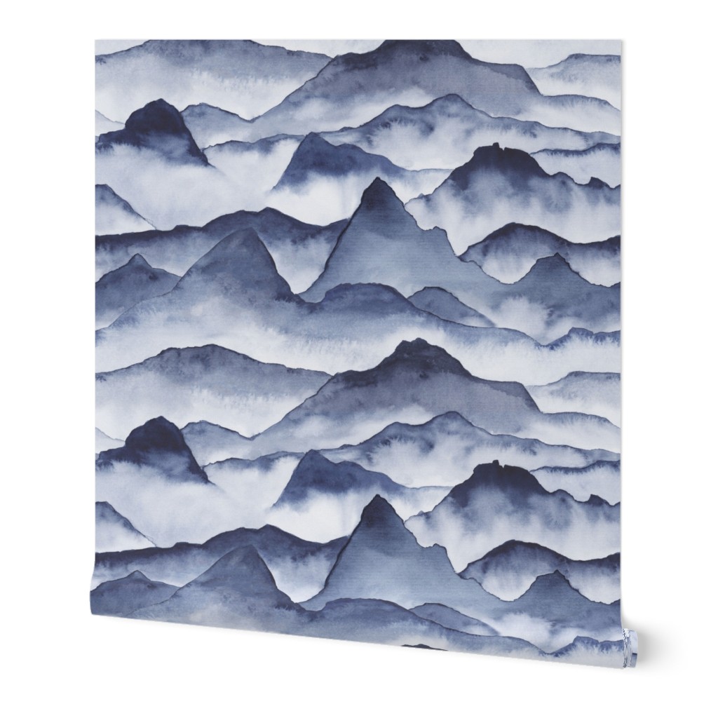 Watercolor Mountains - Blue Wallpaper, 2'x12', Prepasted Removable Smooth, Blue