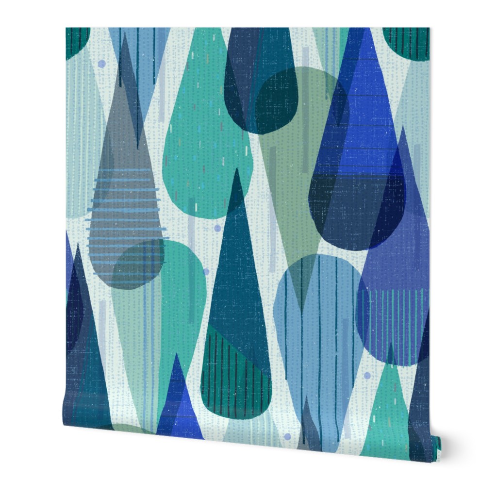 Retro Mod Papercut Rainfall - Blue and Green Wallpaper, 2'x3', Prepasted Removable Smooth, Blue
