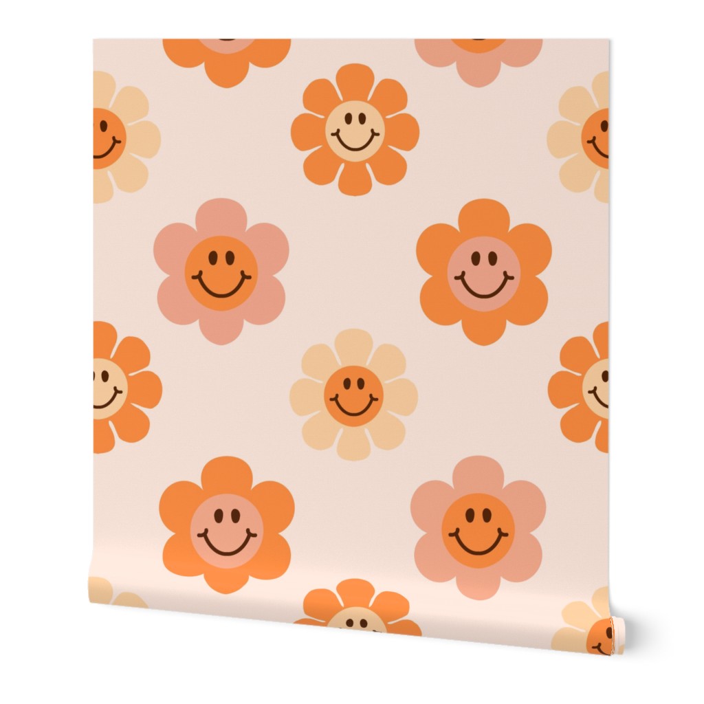 Smiley Floral - Orange Wallpaper, 2'x12', Prepasted Removable Smooth, Orange