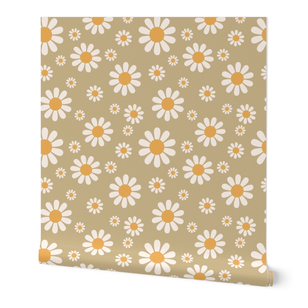 Daisies - White on Muted Green Wallpaper, 2'x12', Prepasted Removable Smooth, Brown