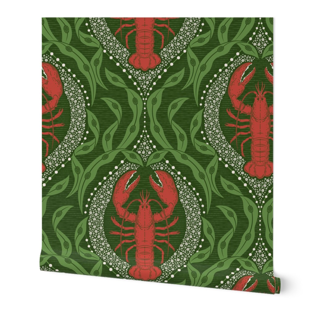 Lobster and Seaweed Nautical Damask Wallpaper, 2'x12', Prepasted Removable Smooth, Green