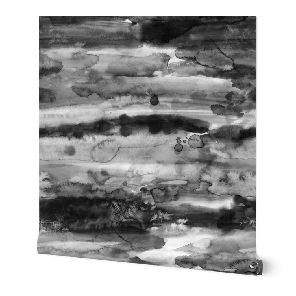 Watercolor - Black and White Wallpaper, 2'x12', Prepasted Removable Smooth, Black