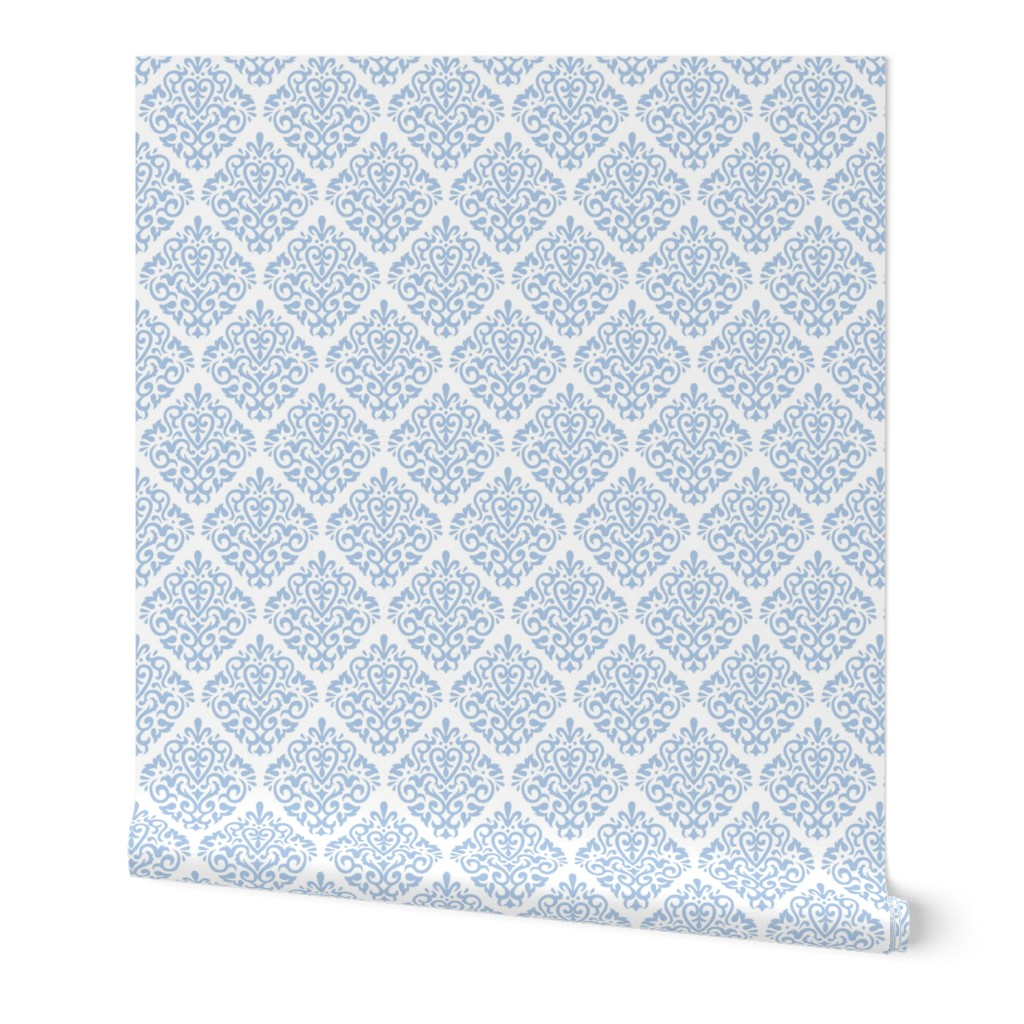 Damask - Blue on White Wallpaper, 2'x12', Prepasted Removable Smooth, Blue
