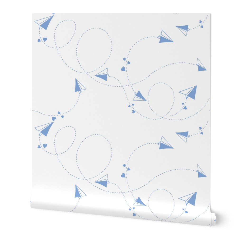 Paper Airplanes - Blue Wallpaper, 2'x12', Prepasted Removable Smooth, White