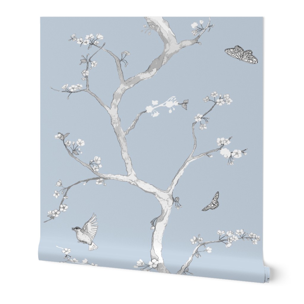 Jenny Modern Cherry Blossoms Wallpaper, 2'x12', Prepasted Removable Smooth, Blue