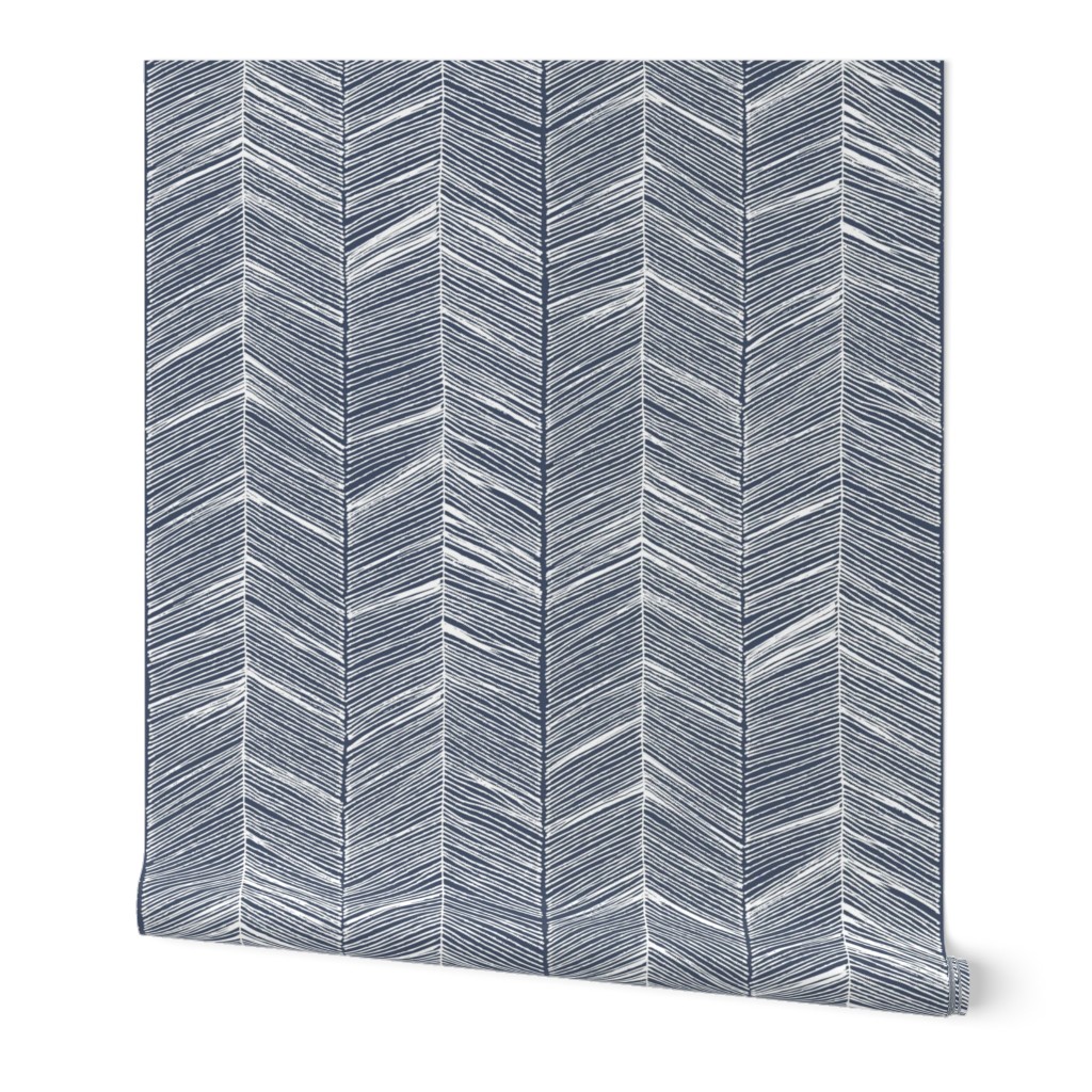 Herringbone - White on Navy Wallpaper, 2'x3', Prepasted Removable Smooth, Blue