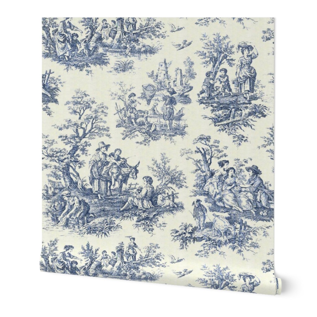 Toile De Jouy - Blue Wallpaper, 2'x12', Prepasted Removable Smooth, Blue