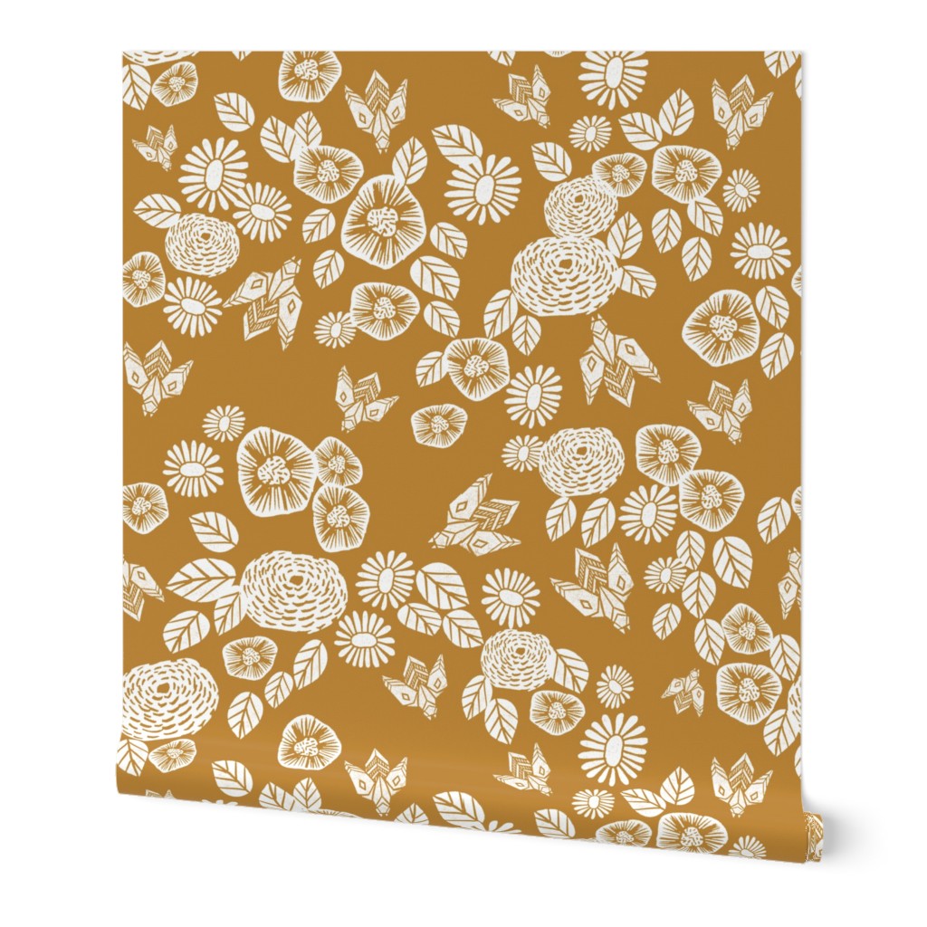 Vintage Flowers and Bee Garden Wallpaper, 2'x3', Prepasted Removable Smooth, Orange